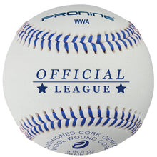 A white ProNine WWA wet weather baseball with red stitching and the Official League stamp
