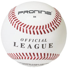 A white ProNine X4 composite baseball with red stitching and the Official League stamp