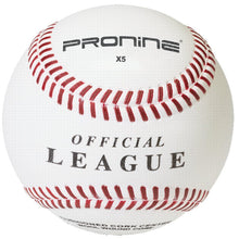 A white ProNine X5 composite baseball with red stitching and the Official League stamp