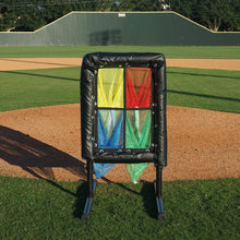 4-Hole multicolor pitching target in front of pitcher's mound on baseball field