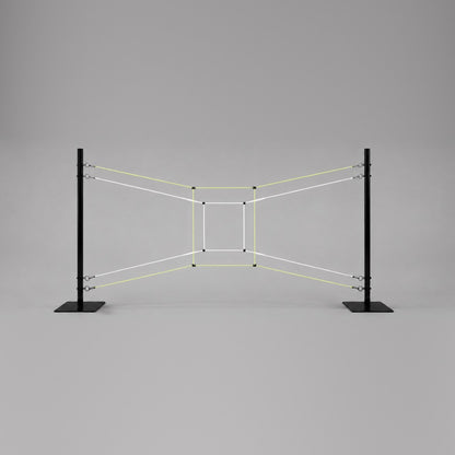 Two black poles on flat bases holding white and yellow strings that form a small rectangle inside a larger one