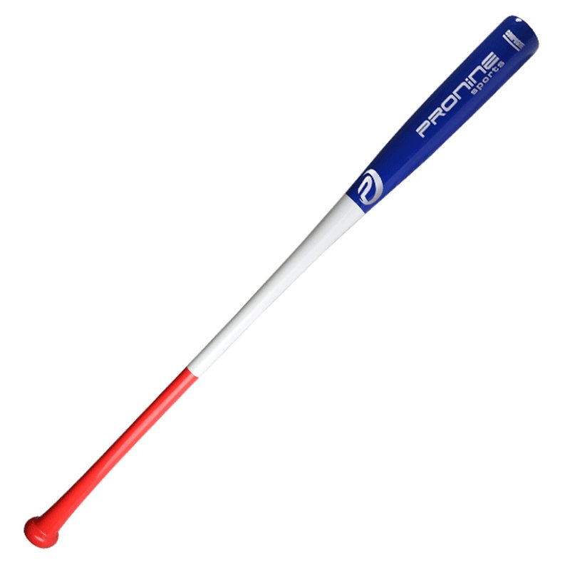 A tri-color red, white and blue ProNine composite fungo bat