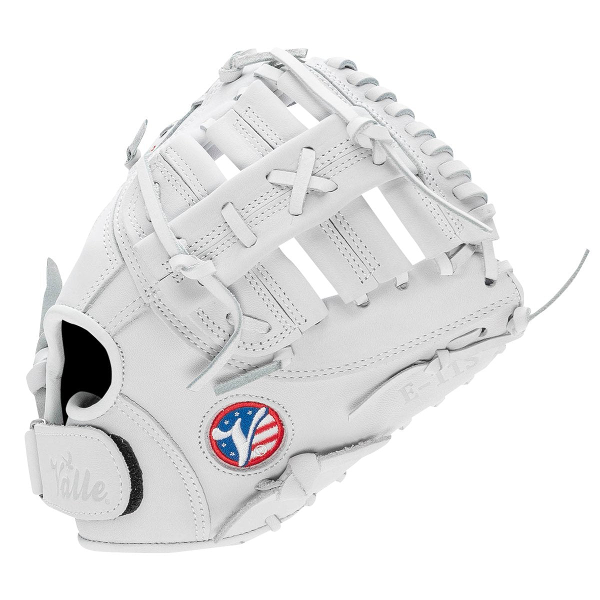 Valle Eagle 11S first base training mitt, seen from the thumb side with the Valle patch