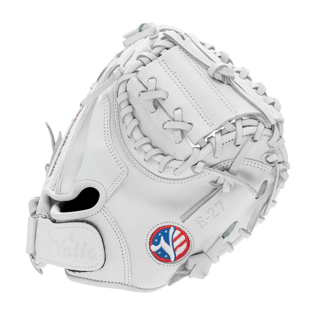 Valle Eagle 27S catcher's training mitt, seen from the thumb side with the Valle patch