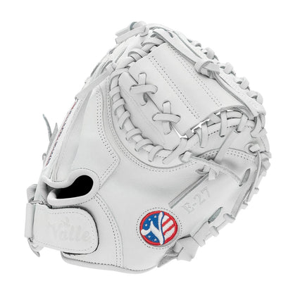 Valle Eagle 27S catcher's training mitt, seen from the thumb side with the Valle patch