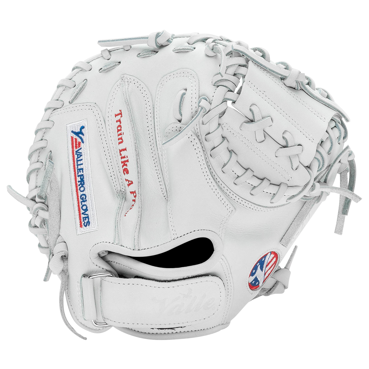 Valle Eagle 27WT weighted 27 inch catchers training mitt in white leather, back view