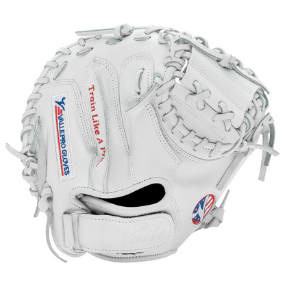 Valle Eagle 27WT weighted 27 inch catchers training mitt in white leather, back view