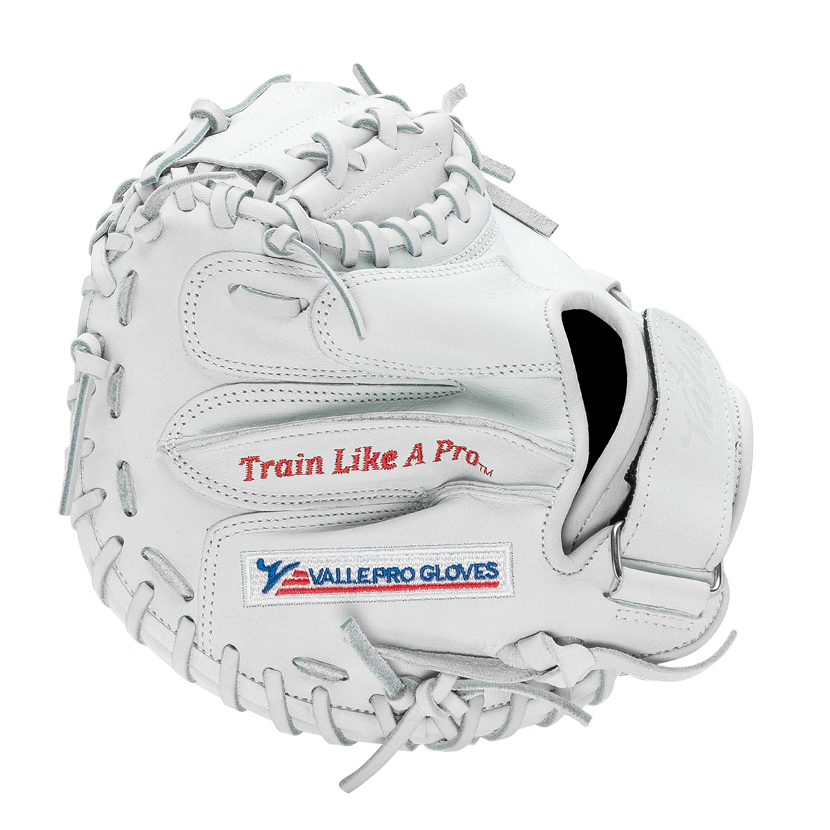Valle Eagle 27WT weighted 27 inch catchers training mitt in white leather, finger side view