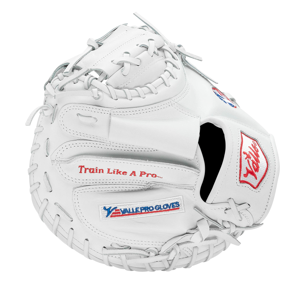 Valle Eagle weighted 32 inch catchers training mitt in white leather, finger side view