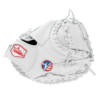 Valle Eagle weighted 32 inch catchers training mitt in white leather, thumb side view