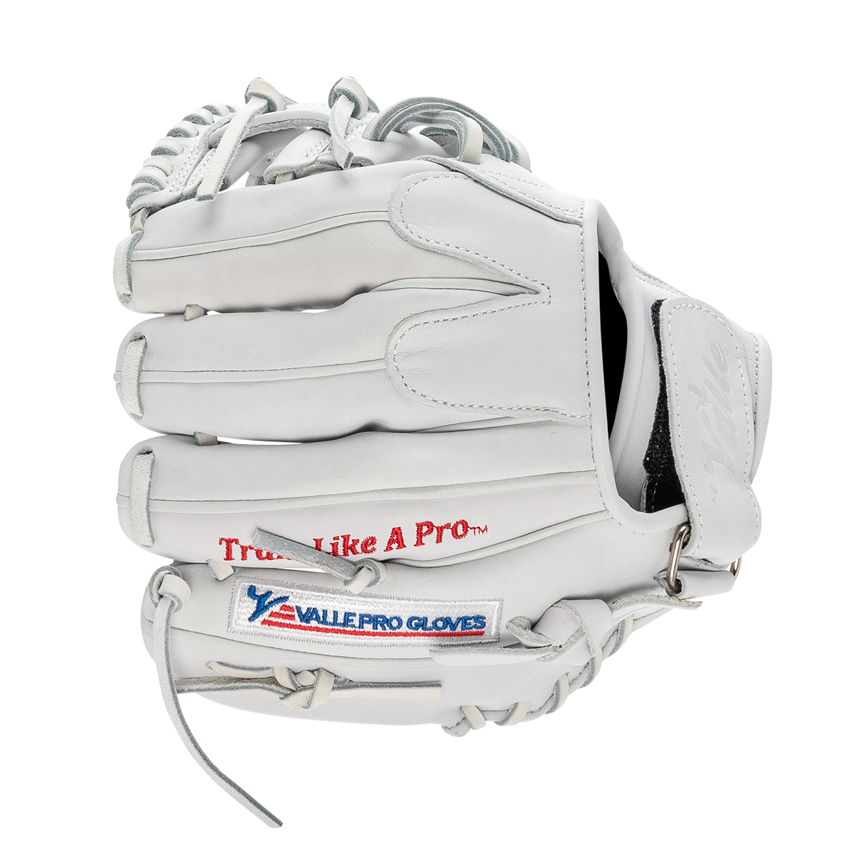 Valle Eagle 975SWT weighted 9.75 inch infield training glove with an I-web, finger side view