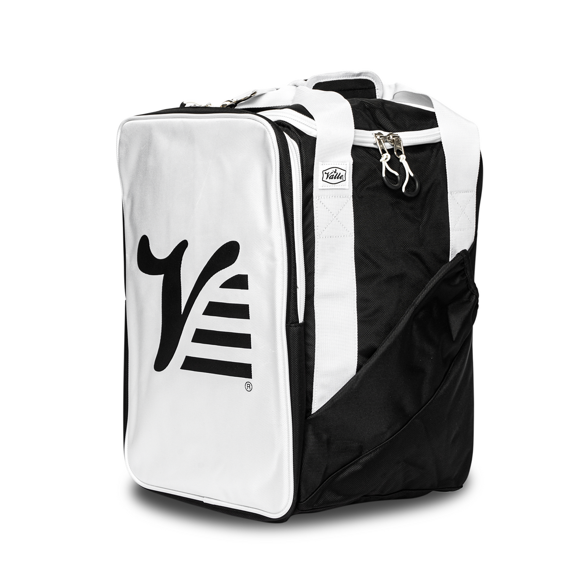Black Valle Eagle Ball Bag standing upright with the white Valle V logo panel and side fungo sleeve