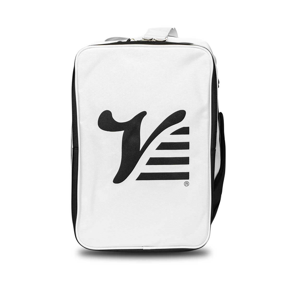 White Valle V logo panel on the front of the black Valle Eagle Ball Bag, straight on