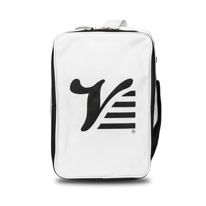 White Valle V logo panel on the front of the black Valle Eagle Ball Bag, straight on