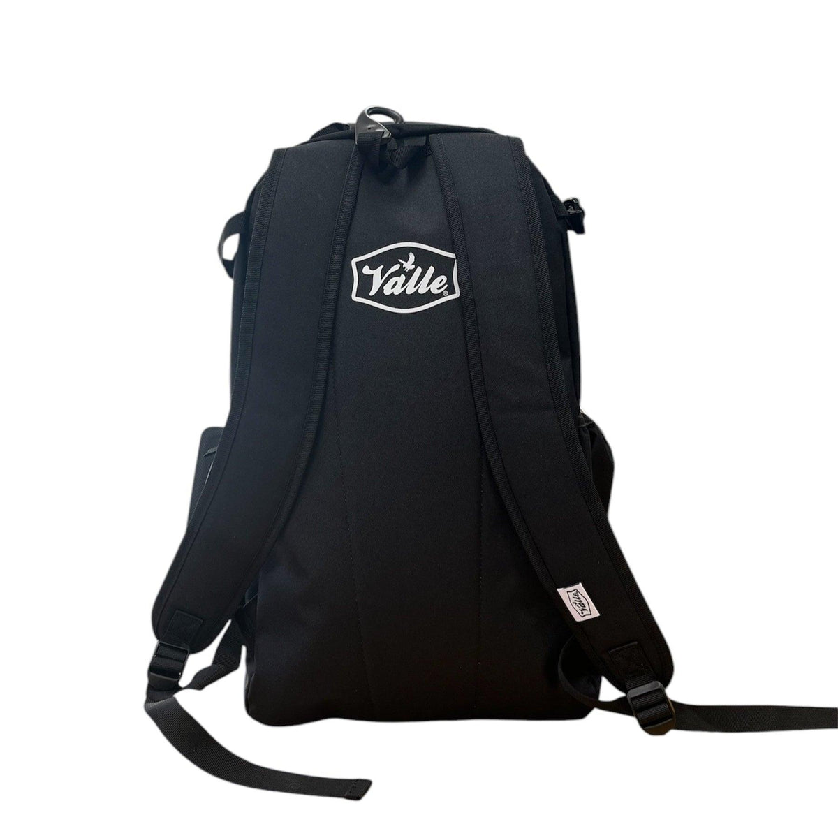 Back of the Valle Eagle Black Baseball Backpack with padded straps and Valle badge