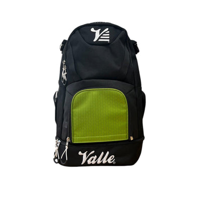 Valle Eagle Black Baseball Backpack with the green center panel, studio front view