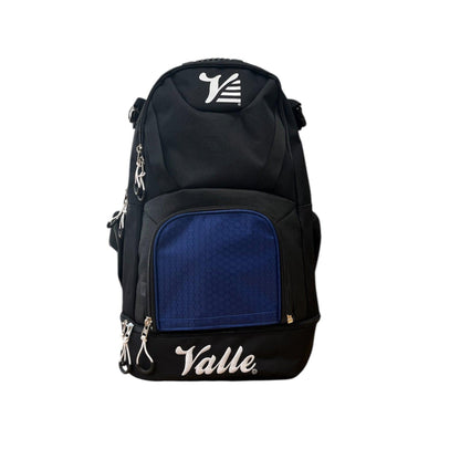 Valle Eagle Black Baseball Backpack with the navy center panel, studio front view
