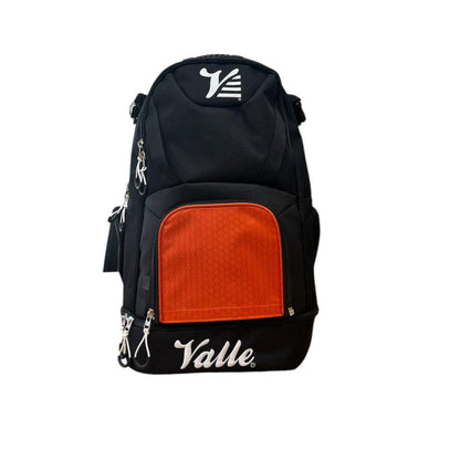 Valle Eagle Black Baseball Backpack with the orange center panel, studio front view