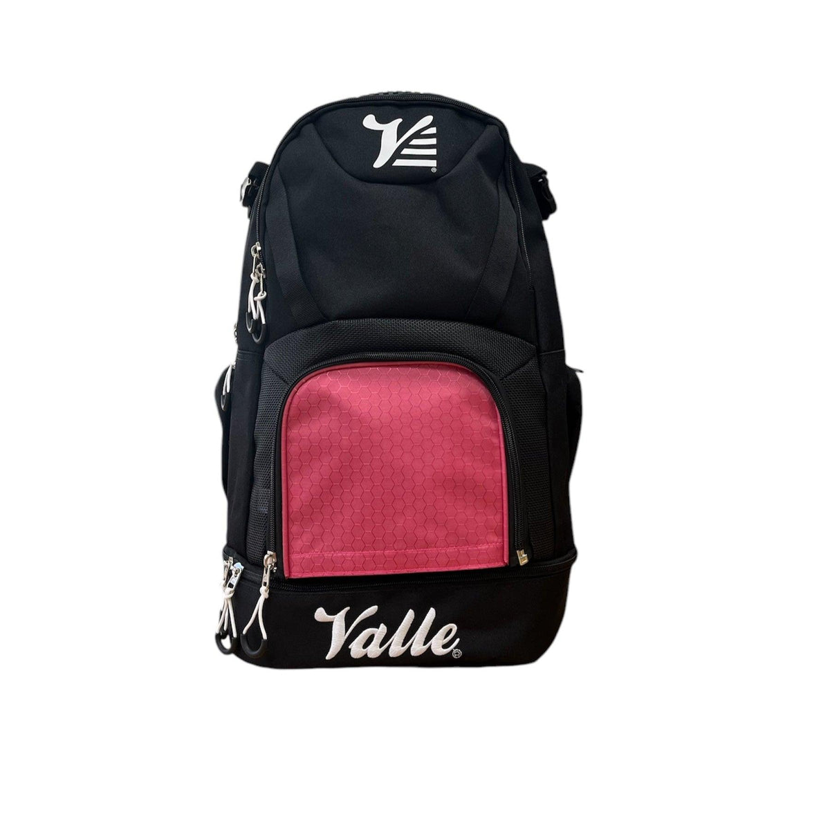 Valle Eagle Black Baseball Backpack with the pink center panel, studio front view