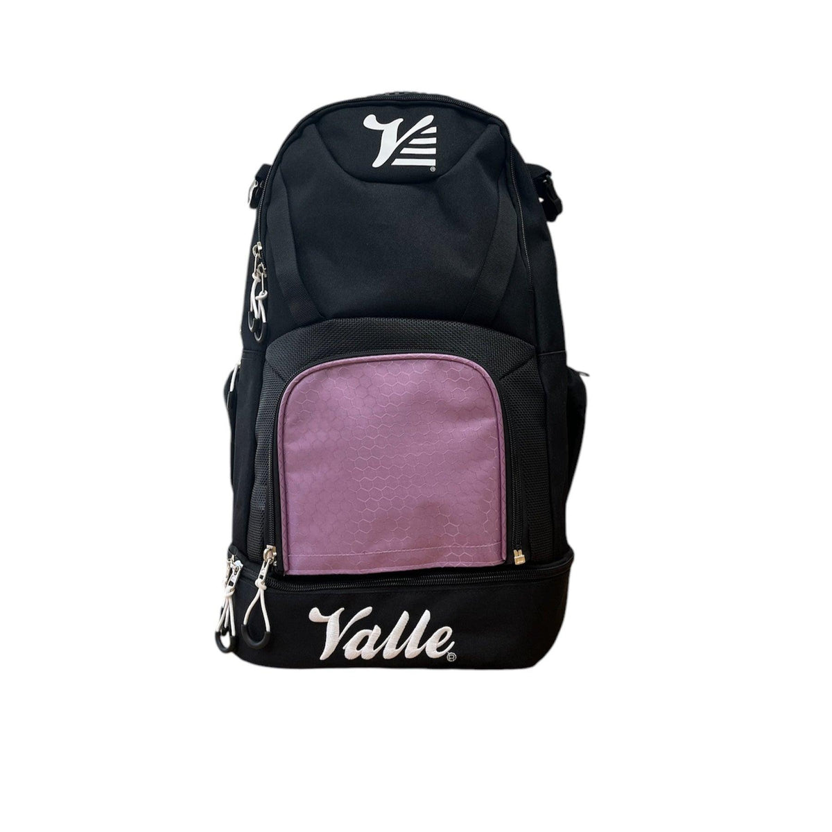 Valle Eagle Black Baseball Backpack with the purple center panel, studio front view