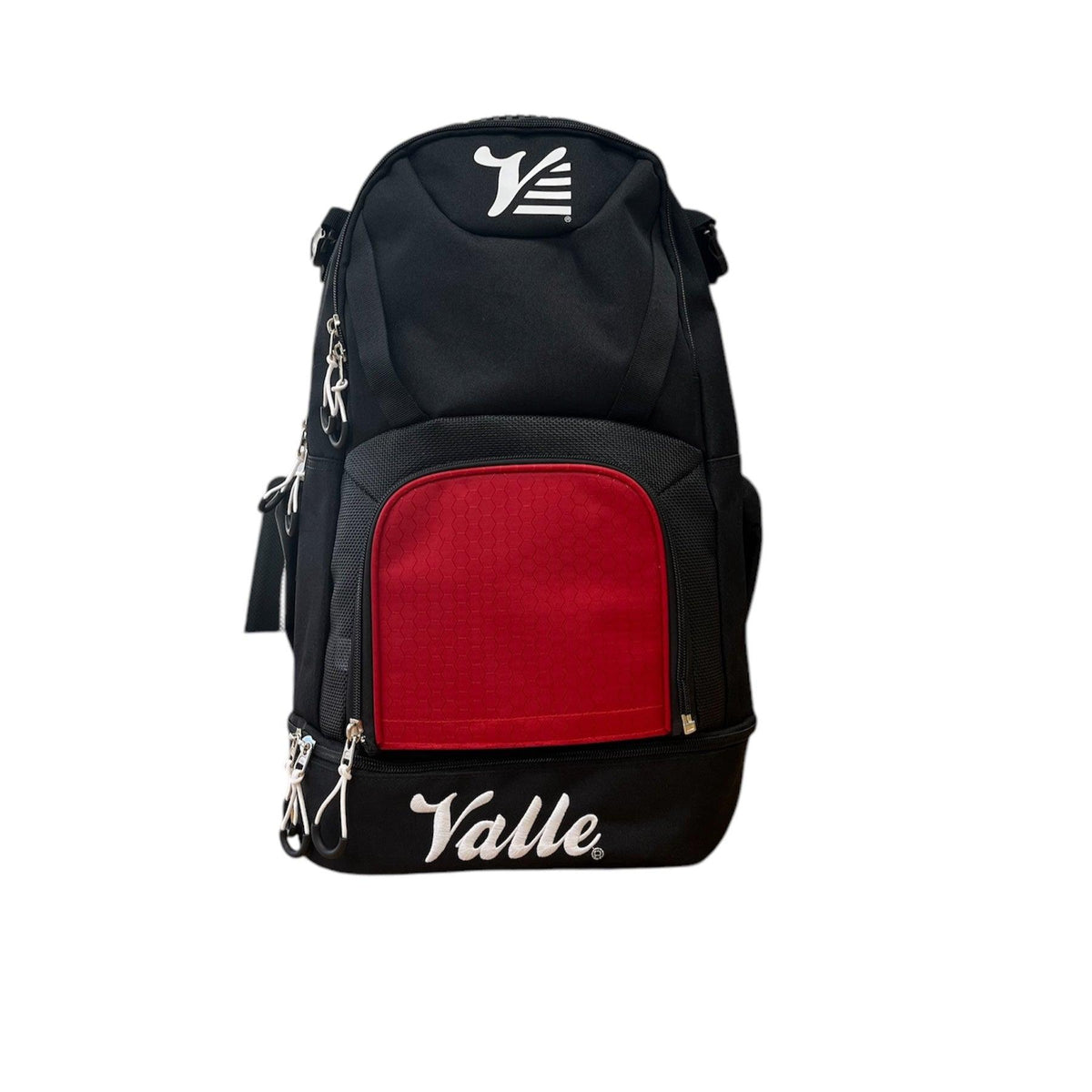 Valle Eagle Black Baseball Backpack with the red center panel, studio front view