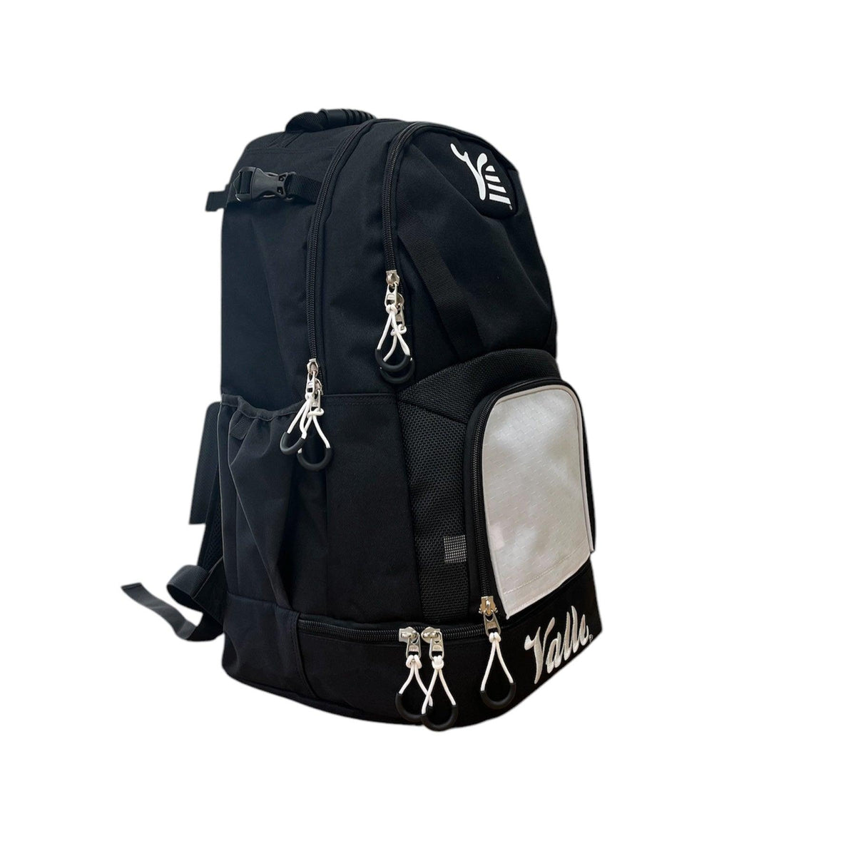 Side view of the Valle Eagle Black Baseball Backpack showing the side pocket, mesh and buckle