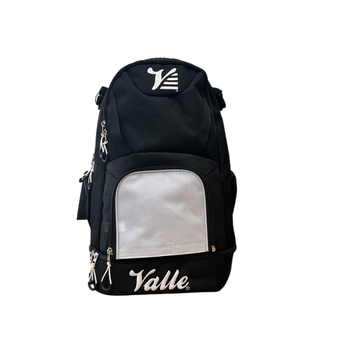 Valle Eagle Black Baseball Backpack with the white center panel, studio front view