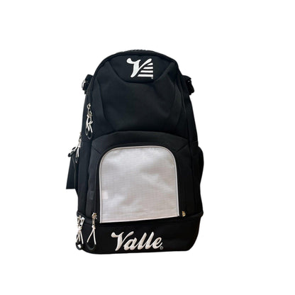 Valle Eagle Black Baseball Backpack with the white center panel, studio front view