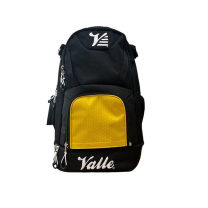 Valle Eagle Black Baseball Backpack with the yellow center panel, studio front view