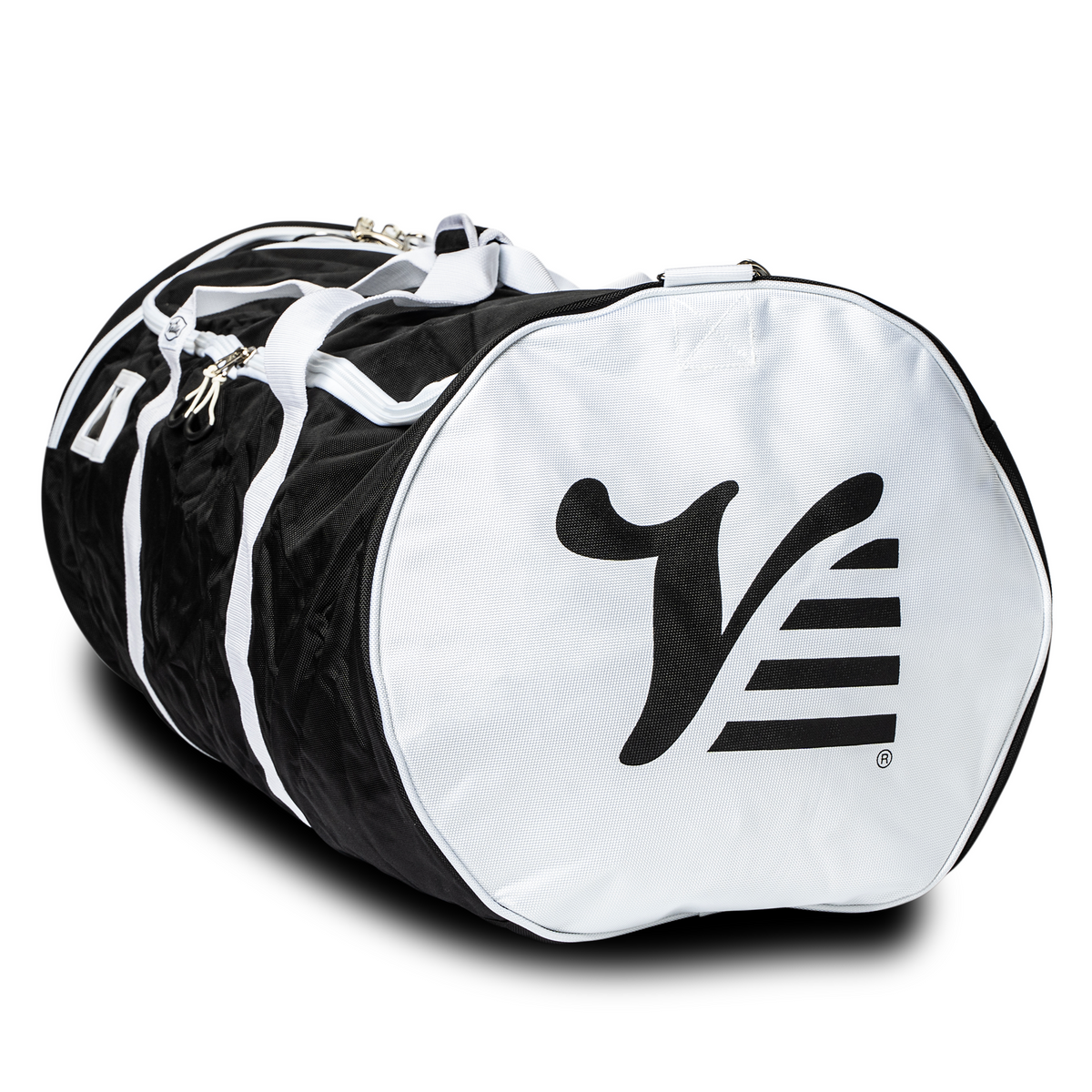 Black Valle Eagle Catchers Duffle Bag lying at an angle, white end cap with the black Valle V logo