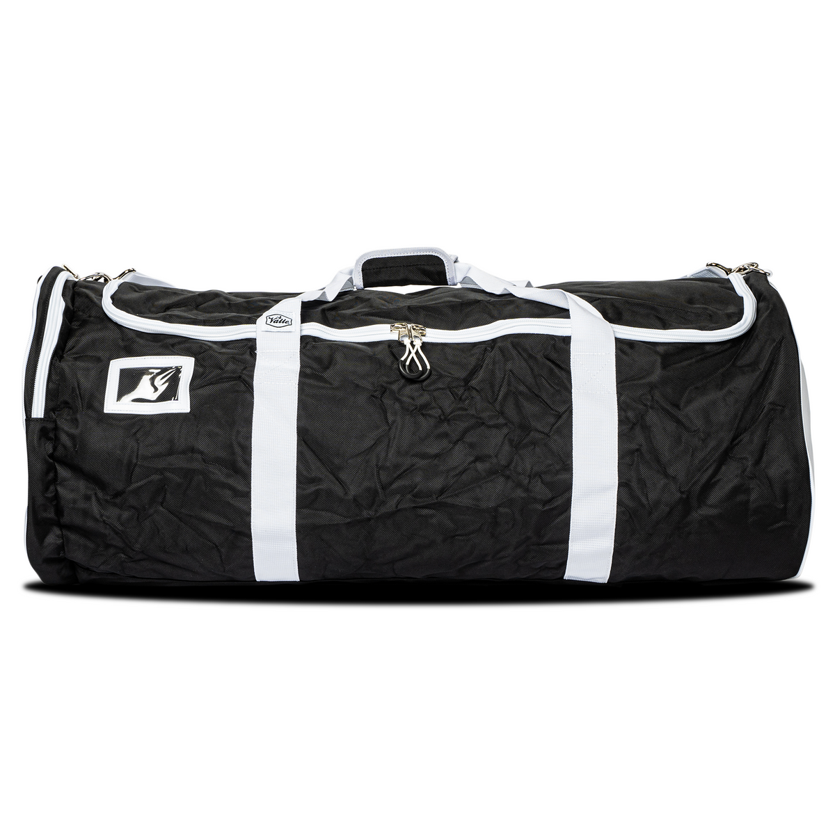 Full side view of the black 35 inch Valle Eagle Catchers Duffle with ID window and white straps