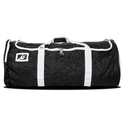 Full side view of the black 35 inch Valle Eagle Catchers Duffle with ID window and white straps