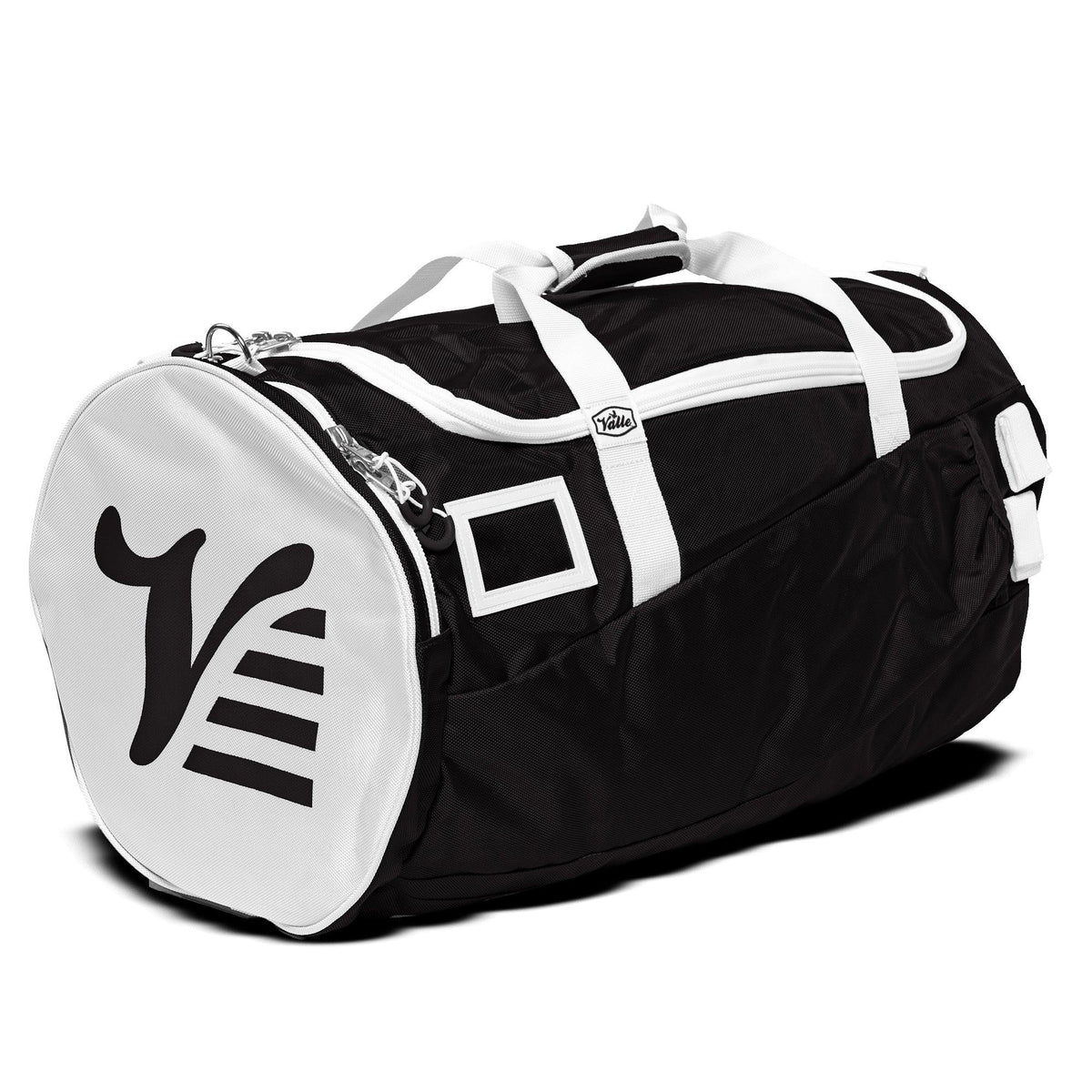 Black Valle Eagle Players Duffle Bag, three quarter studio view with white end cap and straps