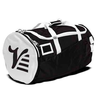 Black Valle Eagle Players Duffle Bag, three quarter studio view with white end cap and straps