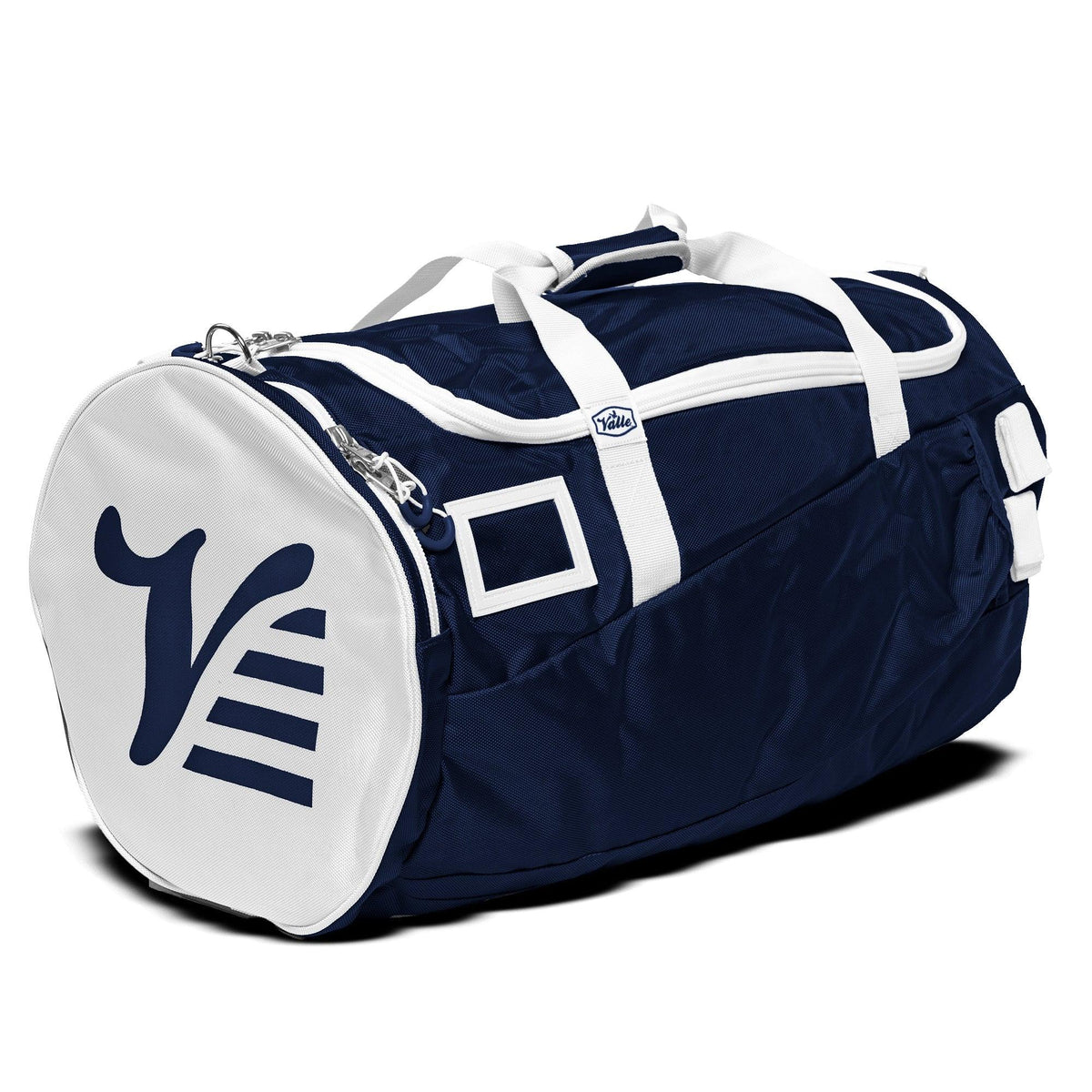 Navy Valle Eagle Players Duffle Bag, three quarter studio view with white end cap and straps