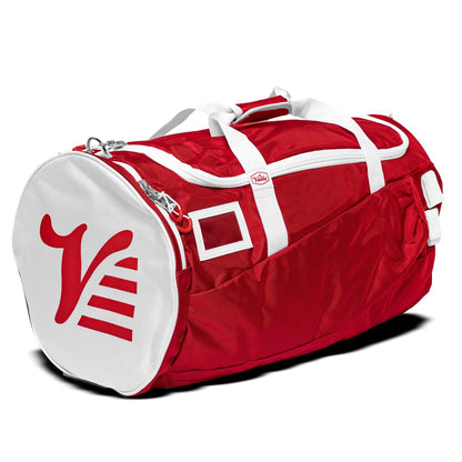 Red Valle Eagle Players Duffle Bag, three quarter studio view with white end cap, side pocket and ID window