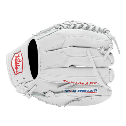 Valle Eagle Pro 1050 10.5 inch outfield training glove in white Japanese kip leather, finger side view, left hand throw