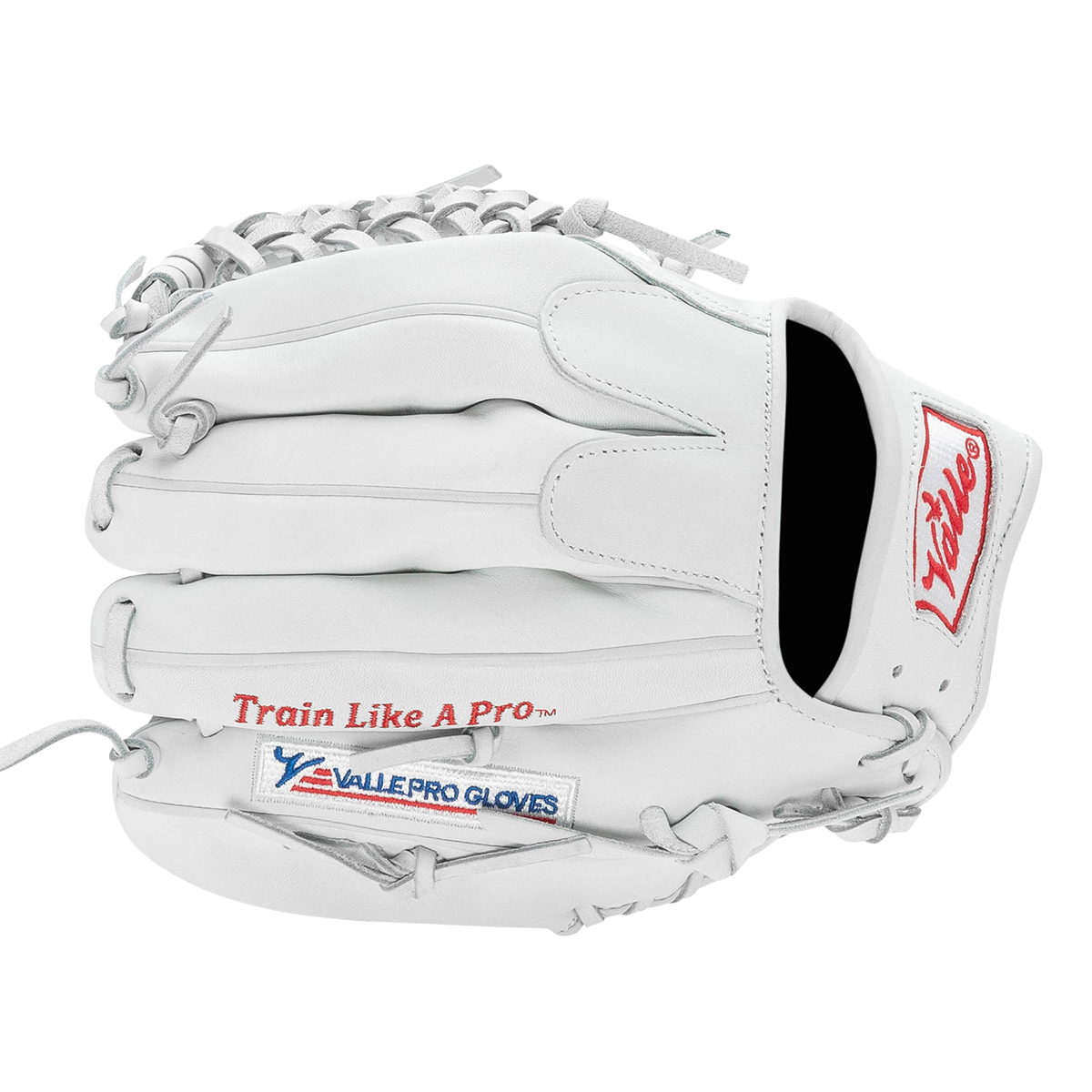 Valle Eagle Pro 1050 10.5 inch outfield training glove in white Japanese kip leather, finger side view, right hand throw