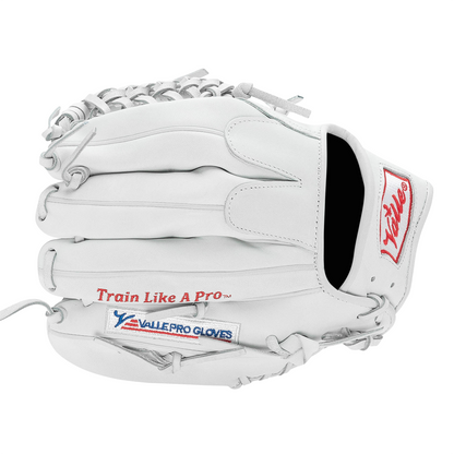 Valle Eagle Pro 1050 10.5 inch outfield training glove in white Japanese kip leather, finger side view, right hand throw