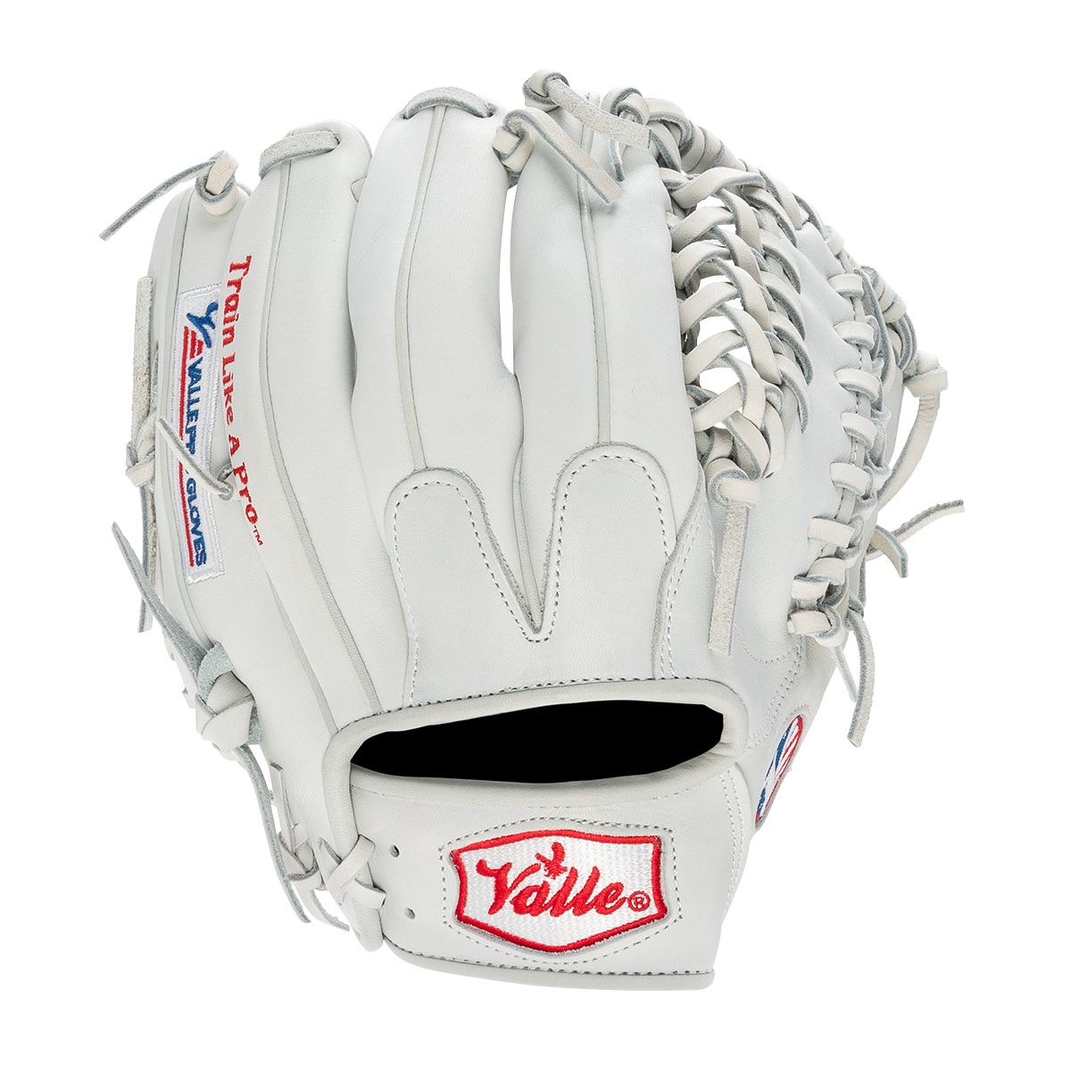 Valle Eagle Pro 1050WT weighted 10.5 inch outfield training glove in white Japanese kip leather, back view