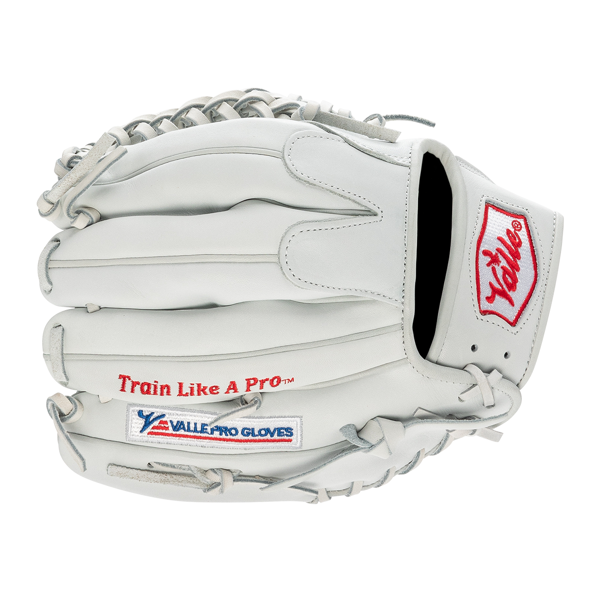 Valle Eagle Pro 1050WT weighted 10.5 inch outfield training glove in white Japanese kip leather, finger side view