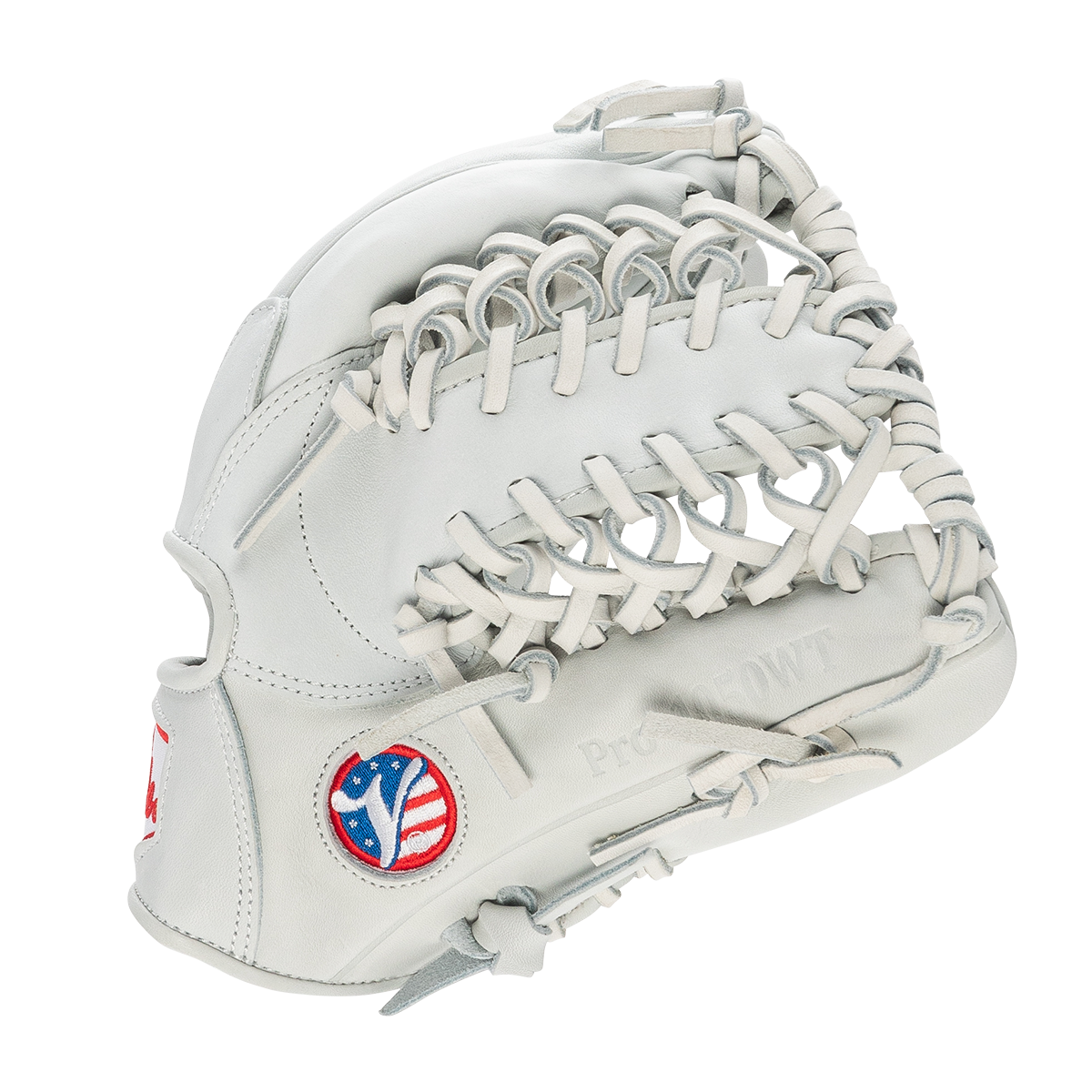 Valle Eagle Pro 1050WT weighted 10.5 inch outfield training glove in white Japanese kip leather, thumb side view