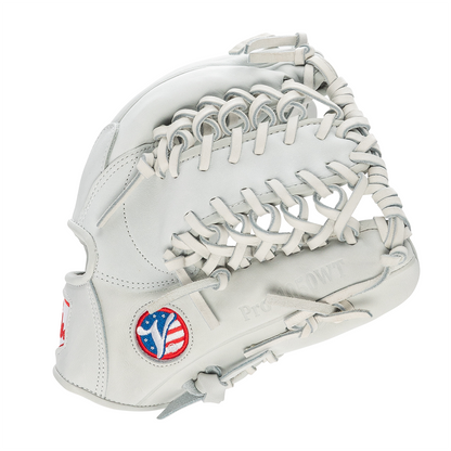 Valle Eagle Pro 1050WT weighted 10.5 inch outfield training glove in white Japanese kip leather, thumb side view