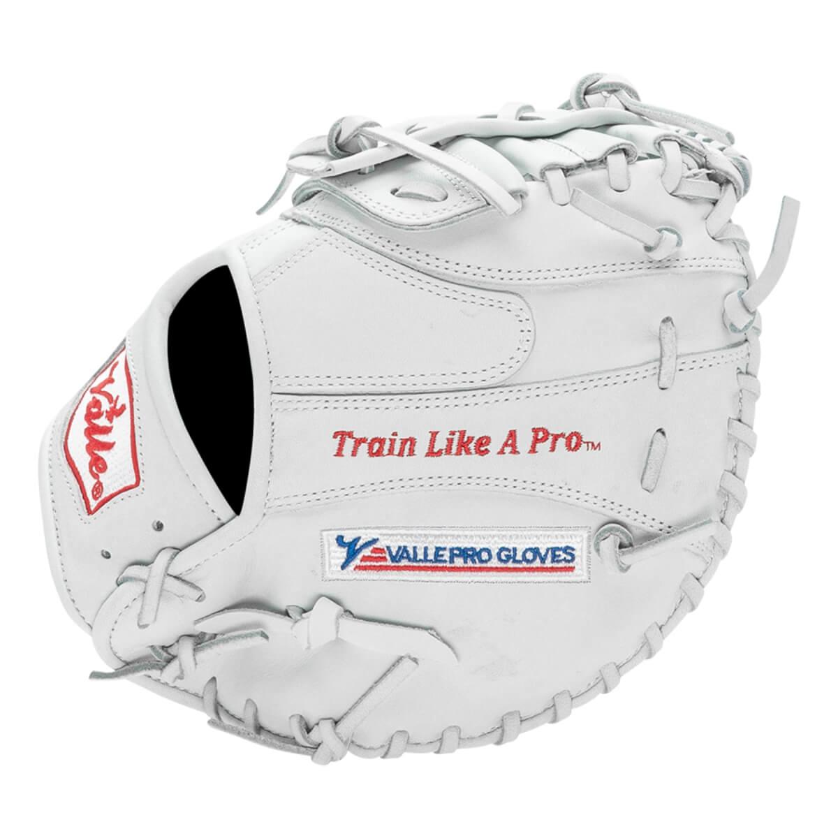Valle Eagle Pro 11 11 inch first base training mitt in white Japanese kip leather, finger side view, left hand throw