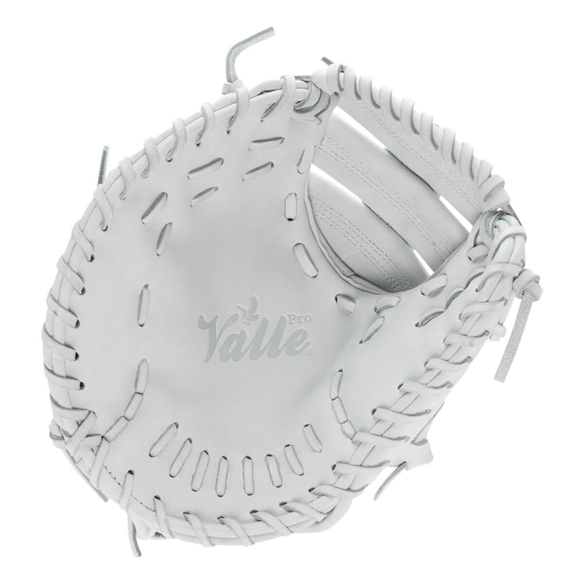 Valle Eagle Pro 11 11 inch first base training mitt in white Japanese kip leather, pocket view, left hand throw