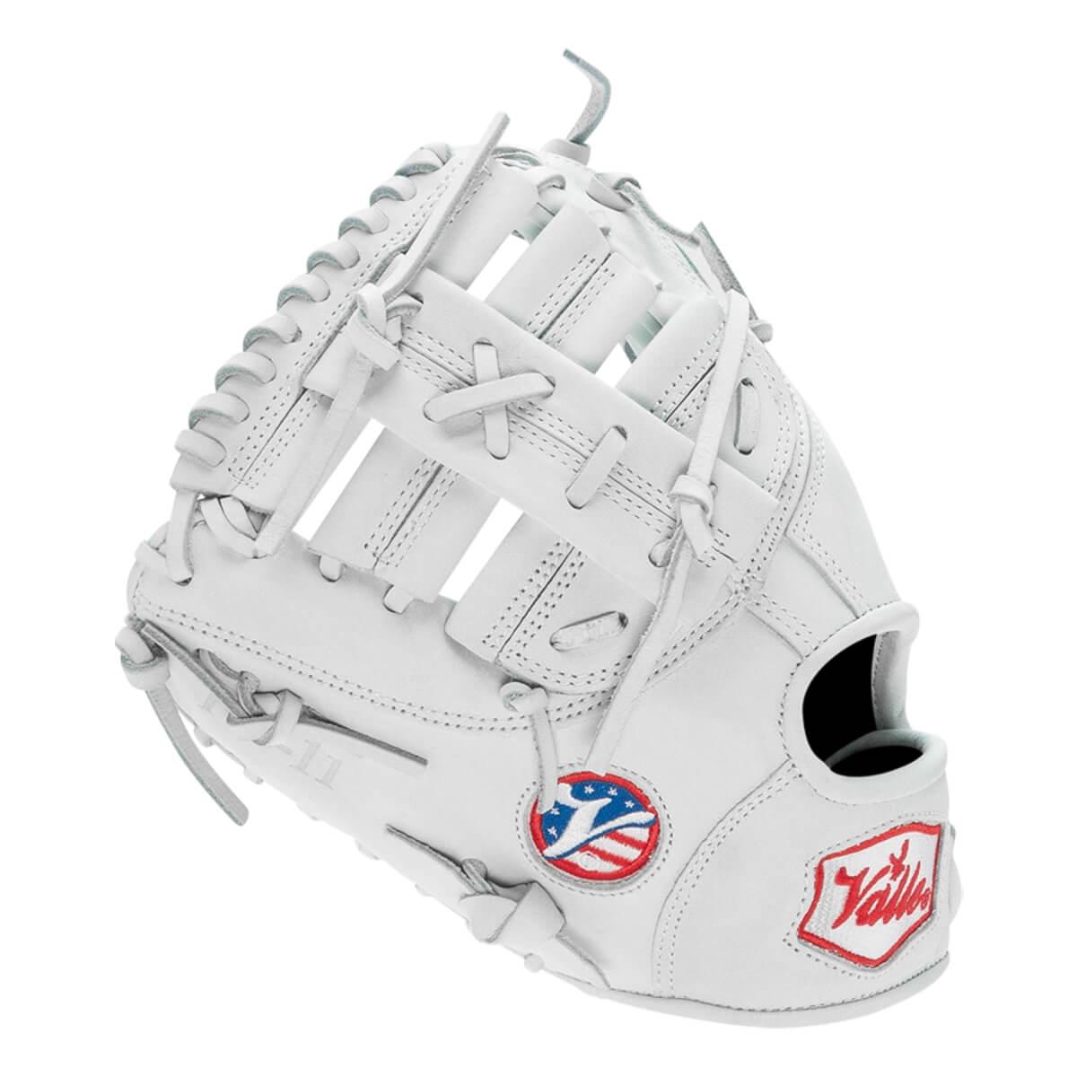Valle Eagle Pro 11 11 inch first base training mitt in white Japanese kip leather, thumb side view, left hand throw