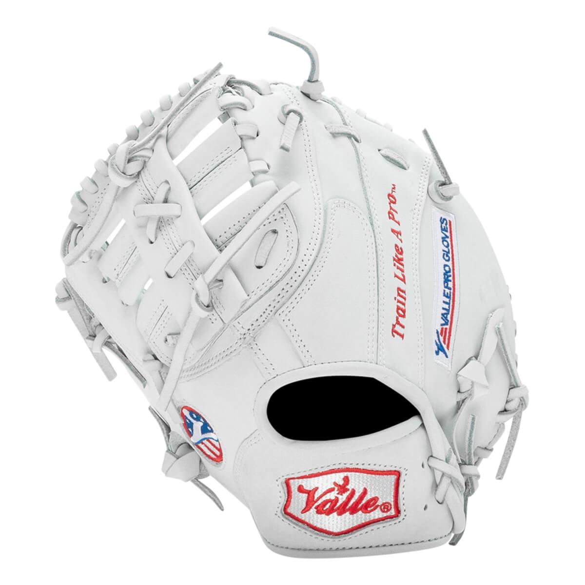 Valle Eagle Pro 11 first base training mitt in white Japanese kip leather, the unweighted version of the Pro 11WT, back view, left hand throw