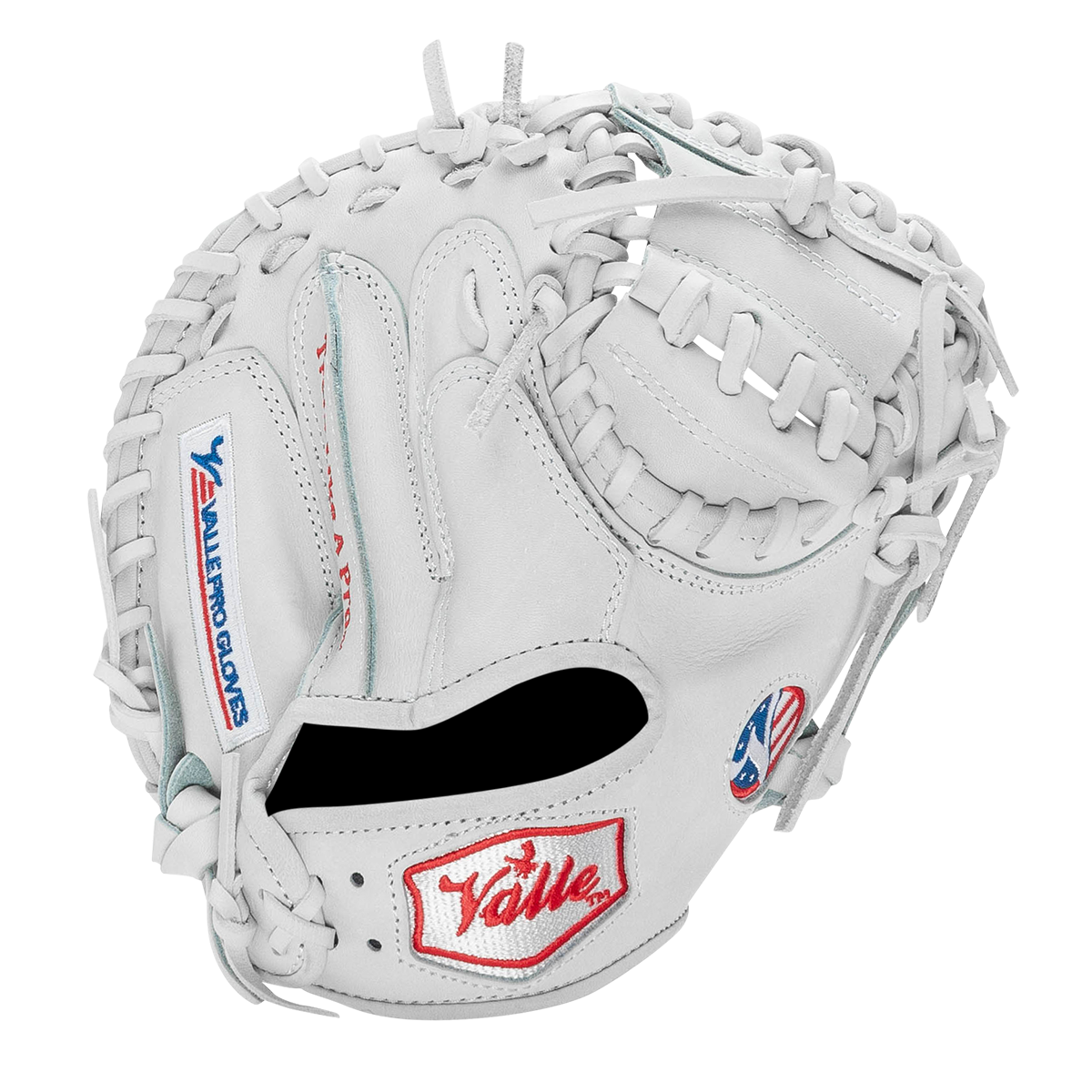 Valle Eagle Pro 27 27 inch catchers training mitt in white Japanese kip leather, back view