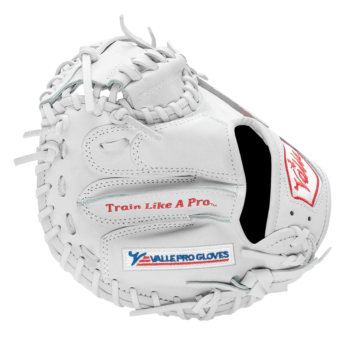 Valle Eagle Pro 27 27 inch catchers training mitt in white Japanese kip leather, finger side view