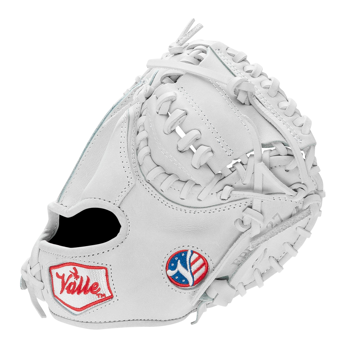 Valle Eagle Pro 27 27 inch catchers training mitt in white Japanese kip leather, thumb side view